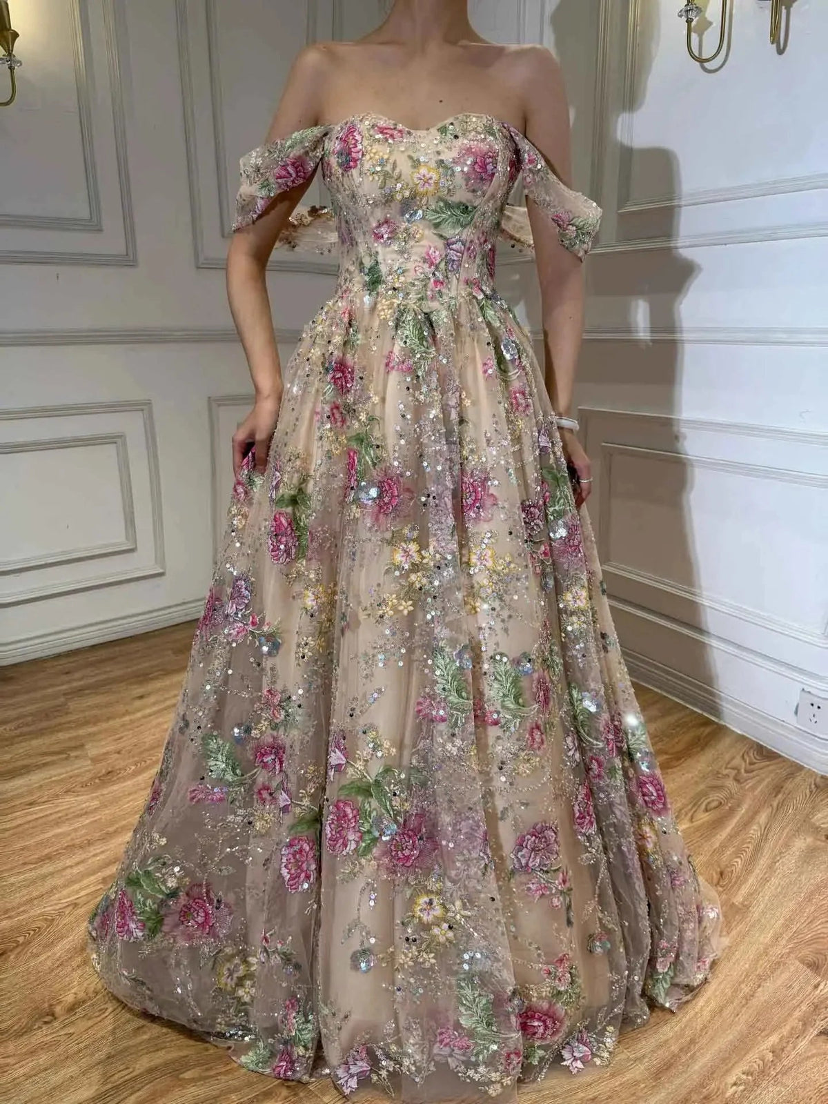 Front view floral print off-shoulder tulle corset prom dress with sweetheart neckline