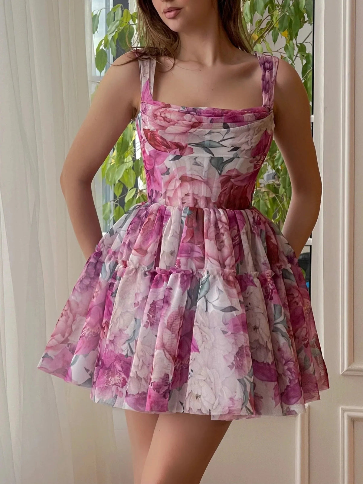 Floral chiffon mini dress, square neckline, fitted waist, gathered A-line skirt