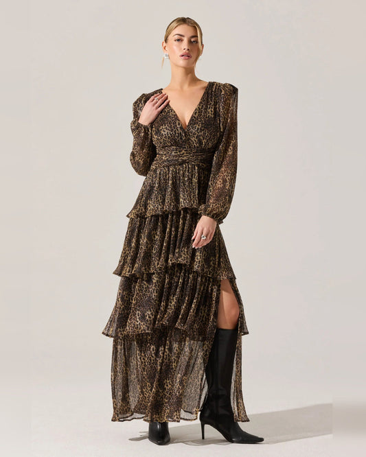 Tiered Floral Print Spaghetti Strap A-Line Maxi Formal Dress for Anniversary Dinner