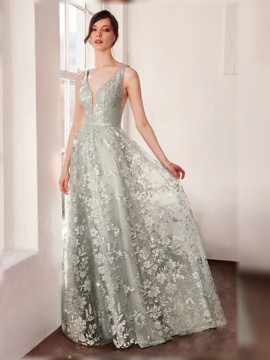 Silver floral print V-neck A-line formal dress, sleeveless, floor-length