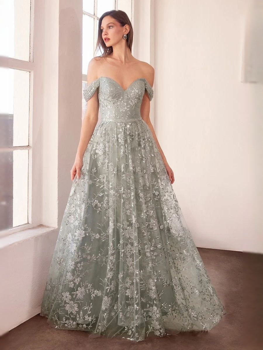 Silver sequin off-shoulder ball gown with floral pattern, floor length