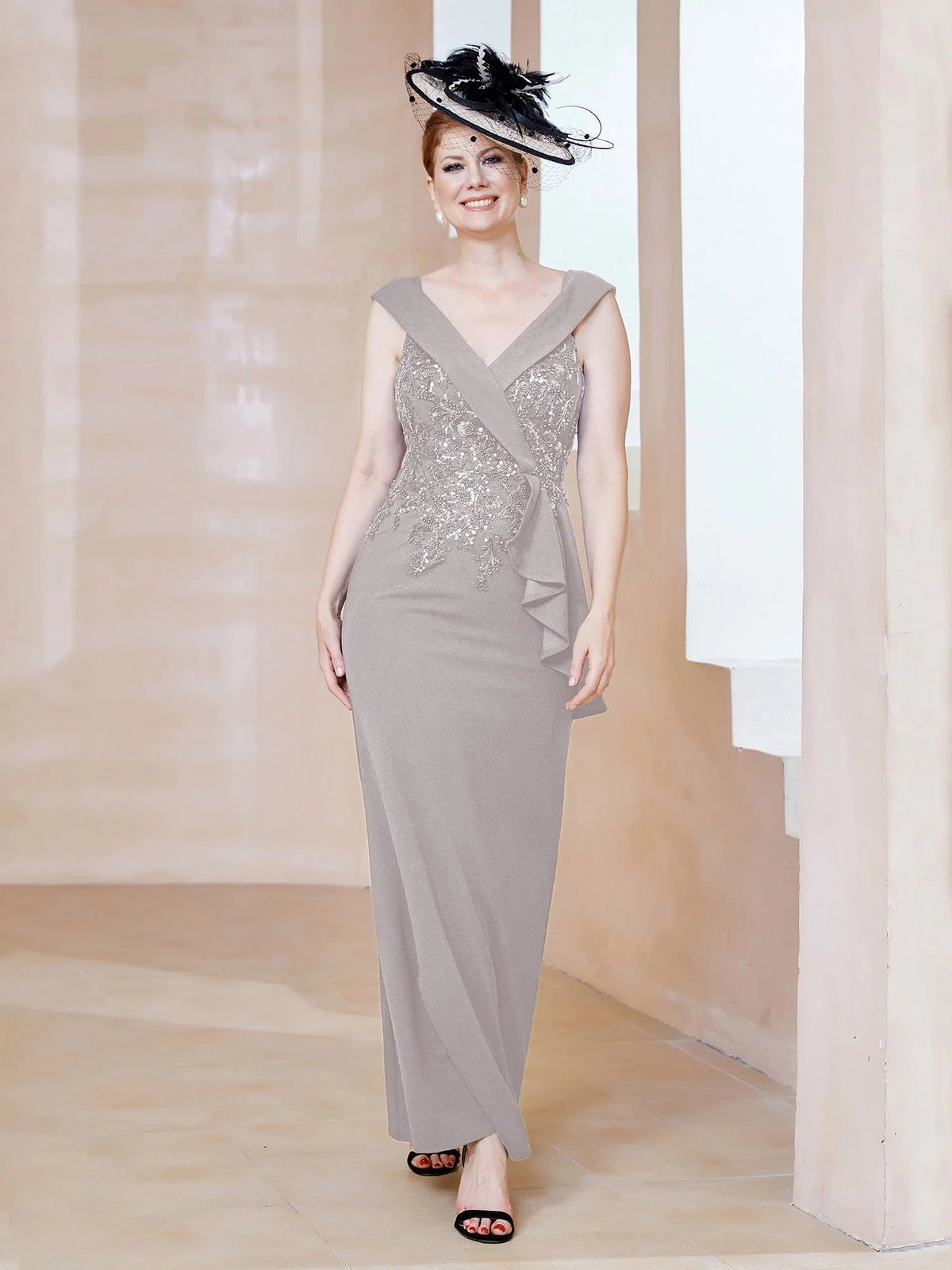 Grey sleeveless V-neck mermaid maxi dress with ruffled diagonal overlay