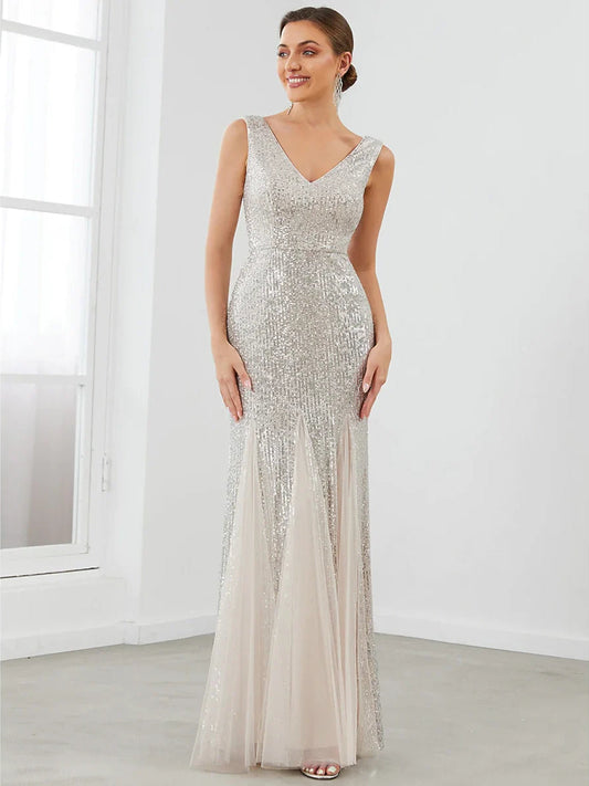 Silver sequin sleeveless V-neck floor-length gown with sheer mermaid hem