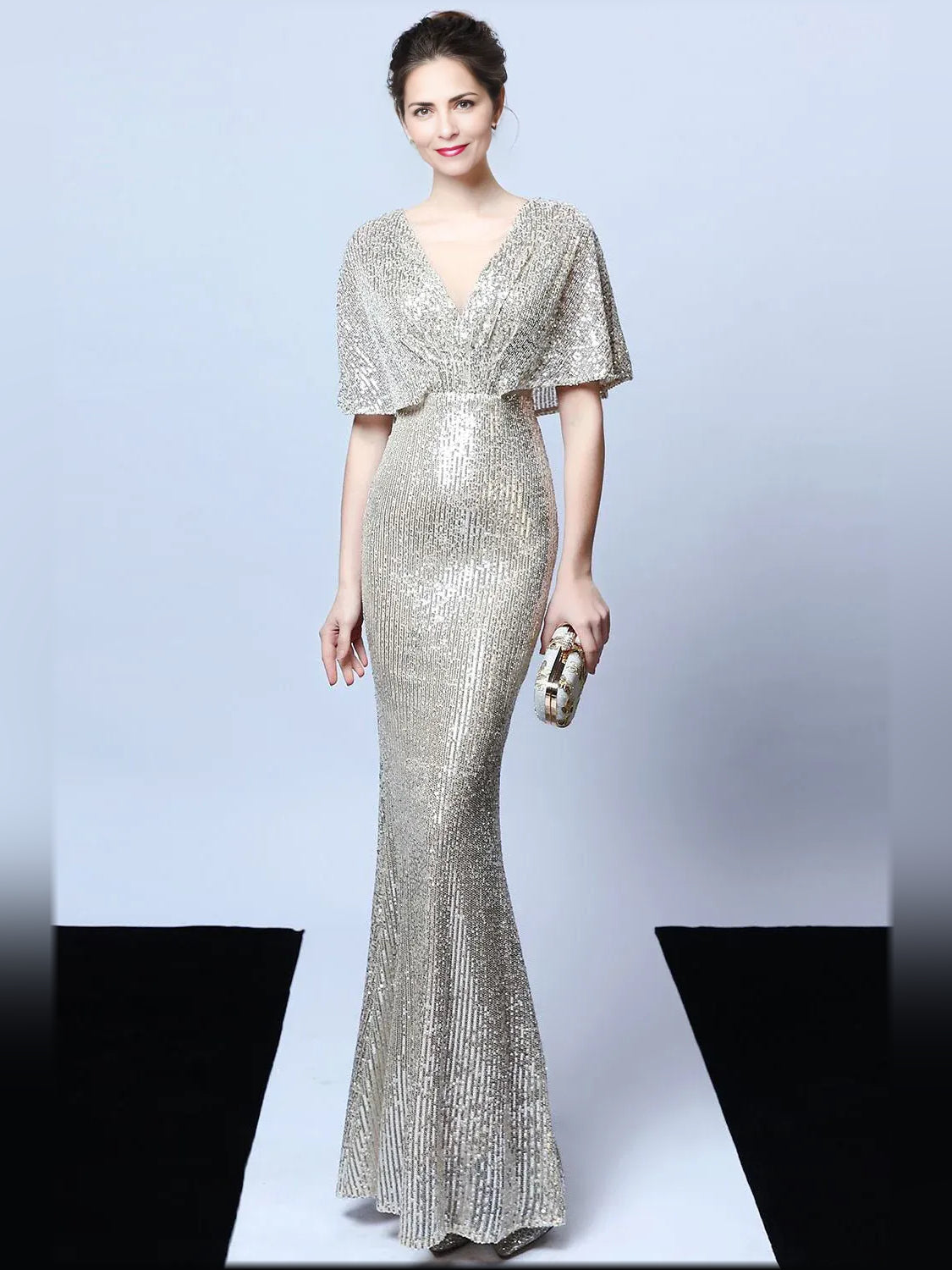 Silver sequin V-neck mermaid formal dress, short sleeves, floor-length