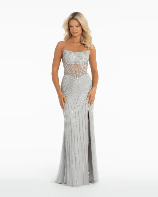 Silver strapless column maxi prom dress with corset bodice, beaded pattern, side slit