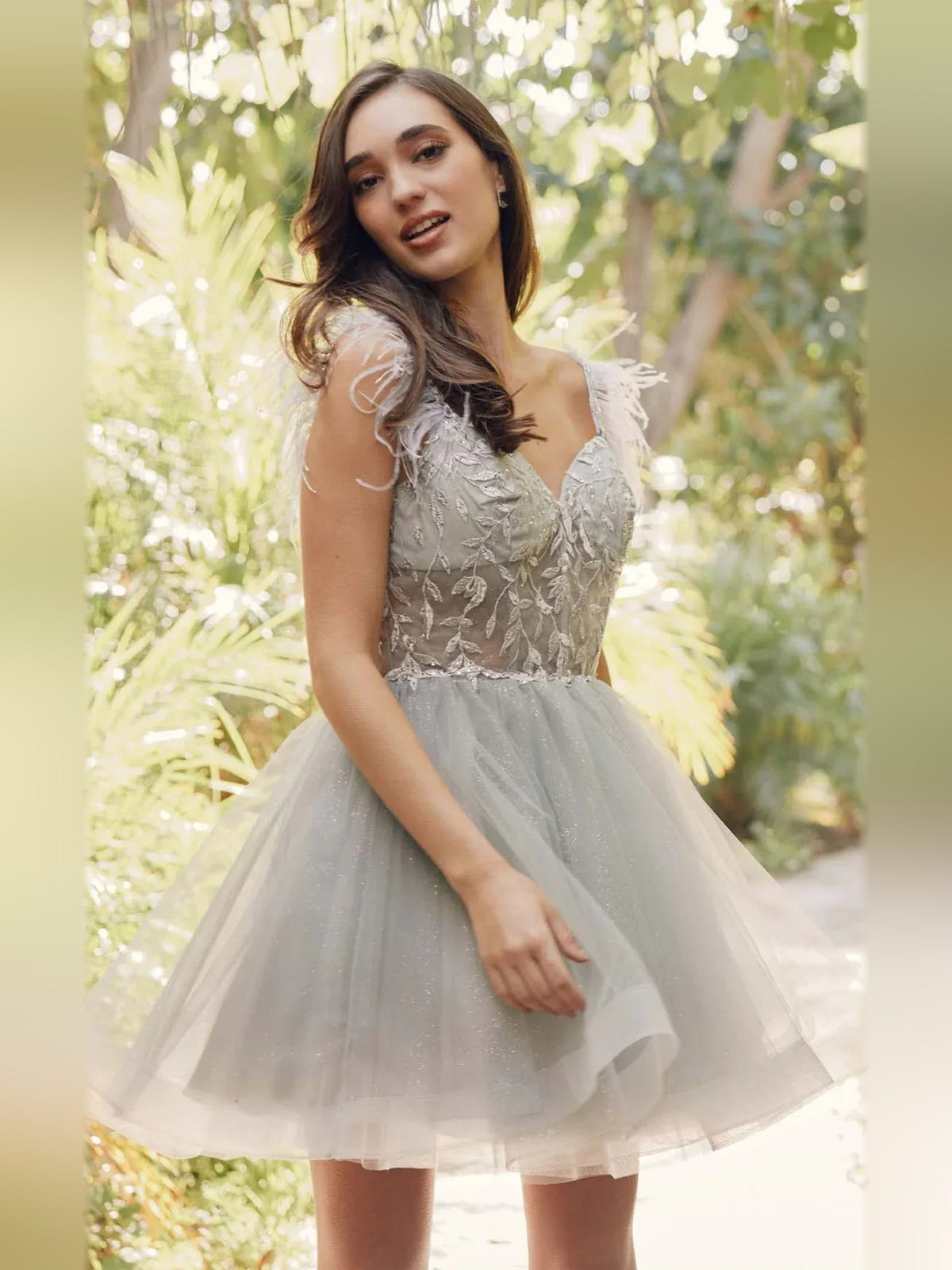 Silver A-line mini tulle dress, sweetheart lace bodice with short sleeves