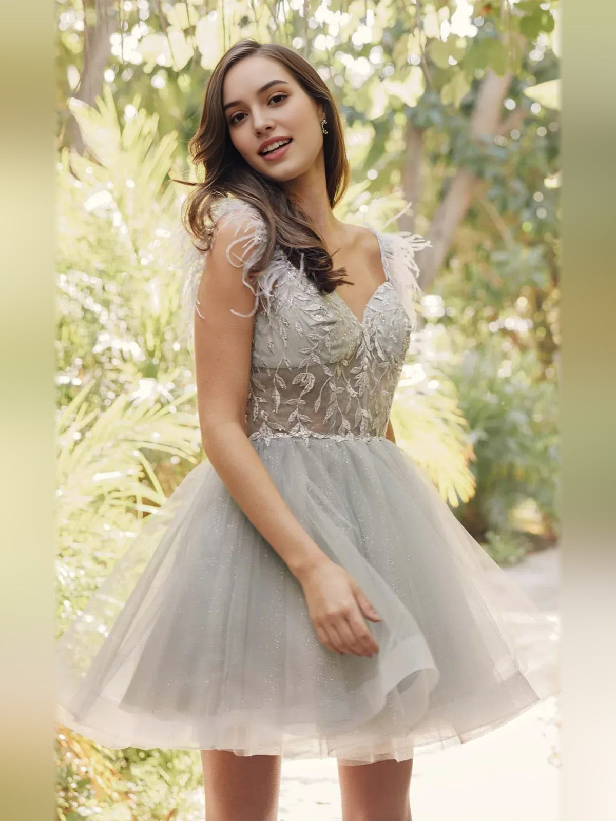 Silver embroidered tulle mini dress with cap sleeves and V-neck fit-and-flare