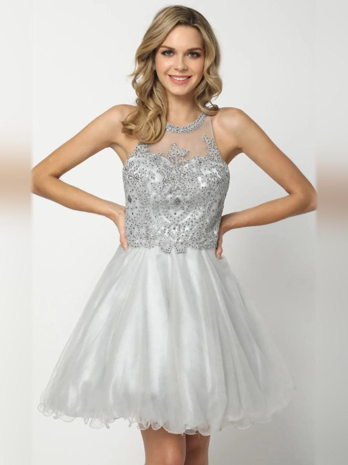 Silver beaded halter A-line short tulle dress with sparkly high neckline