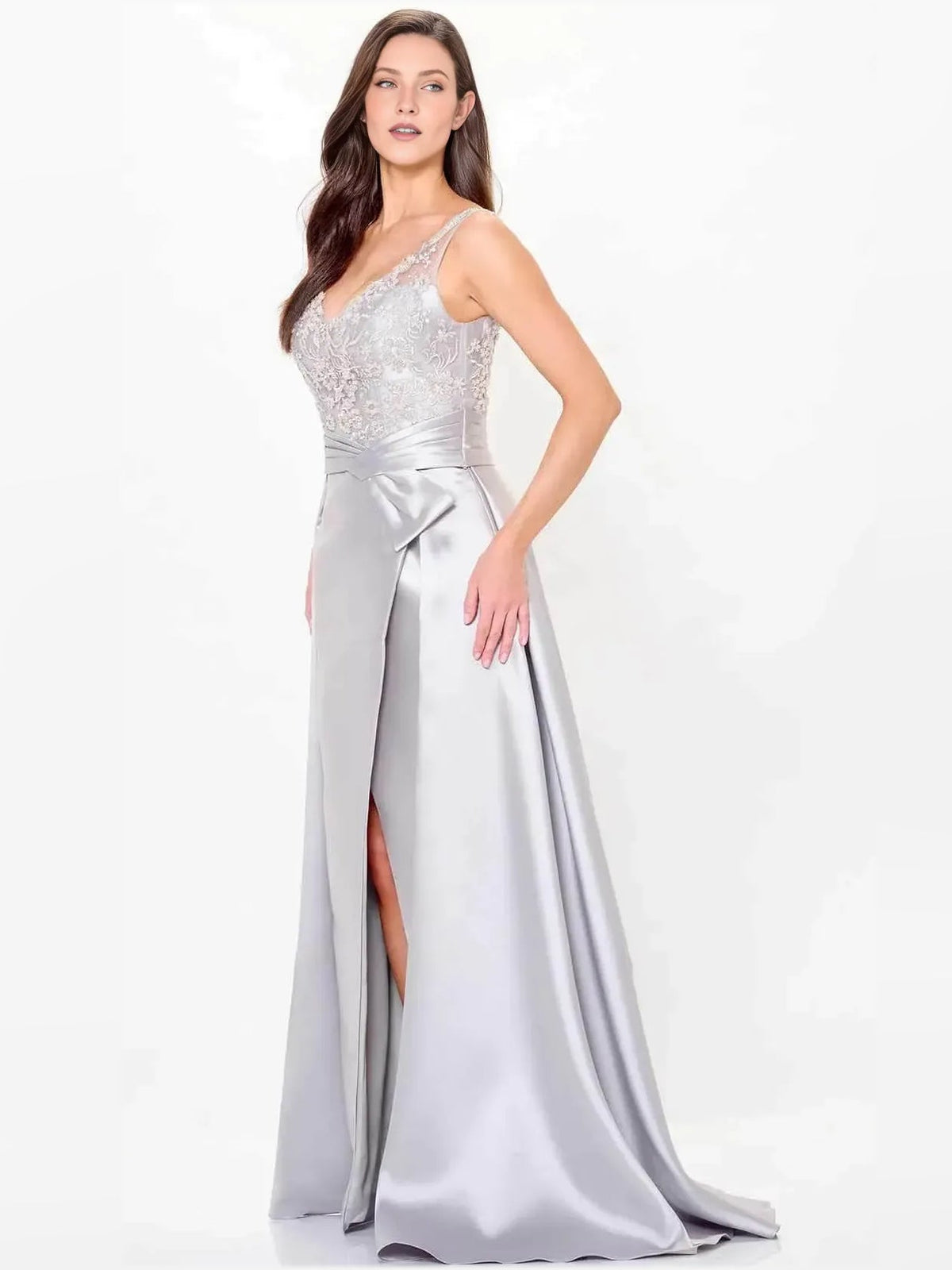 Silver lace bodice floor-length formal dress with satin waist tie and slit