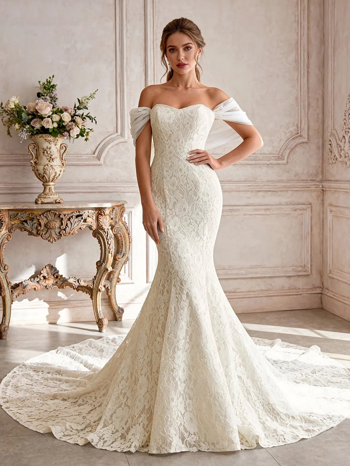 Ivory lace mermaid wedding dress with draped off-shoulder sweetheart bodice