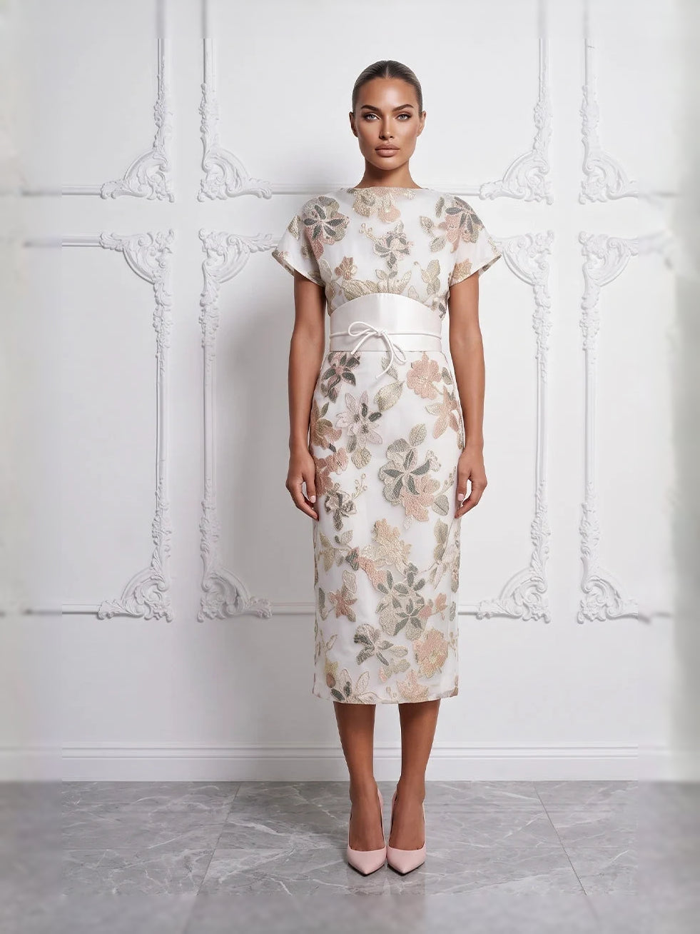 Ivory floral embroidered midi sheath dress with boat neckline and waist bow detail