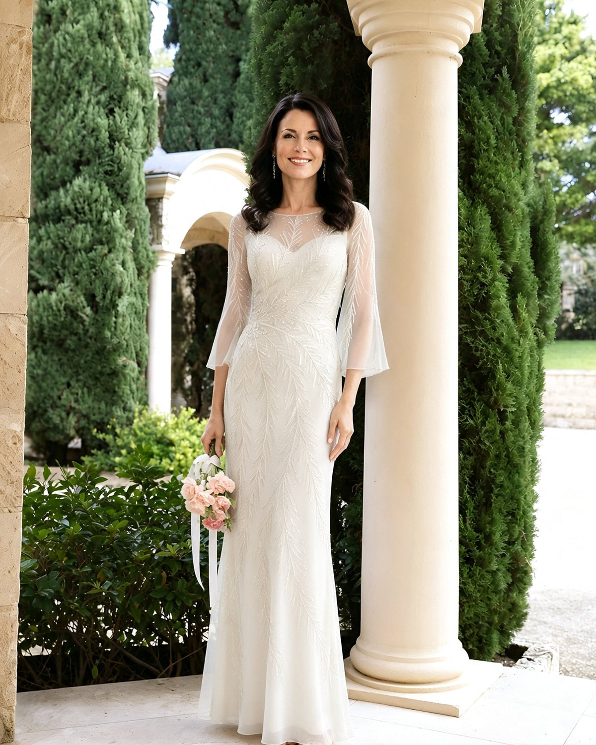 Beaded illusion-neck mother of the bride dress with bell sleeves, white