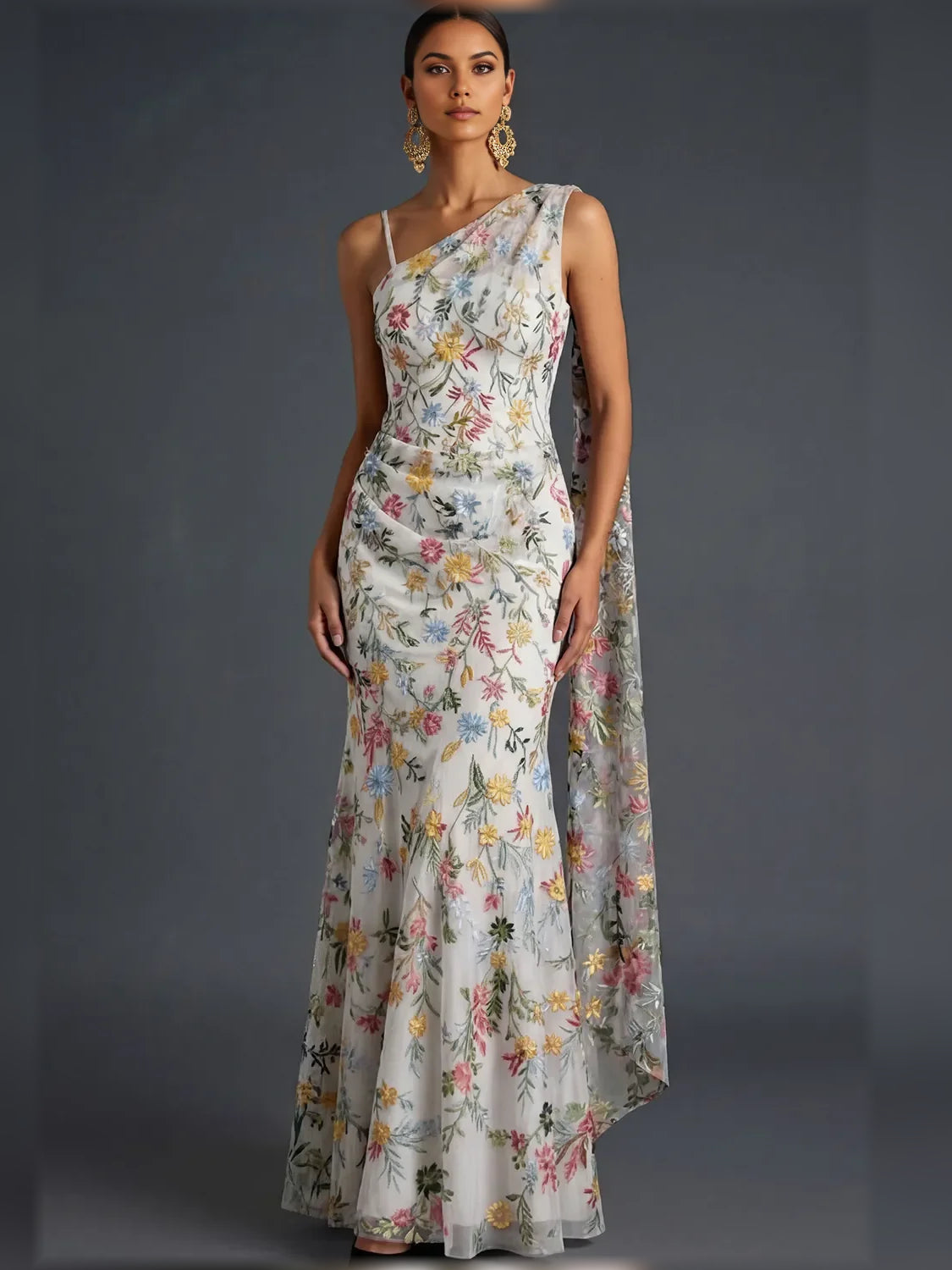 Floral print one-shoulder floor-length formal dress on ivory base
