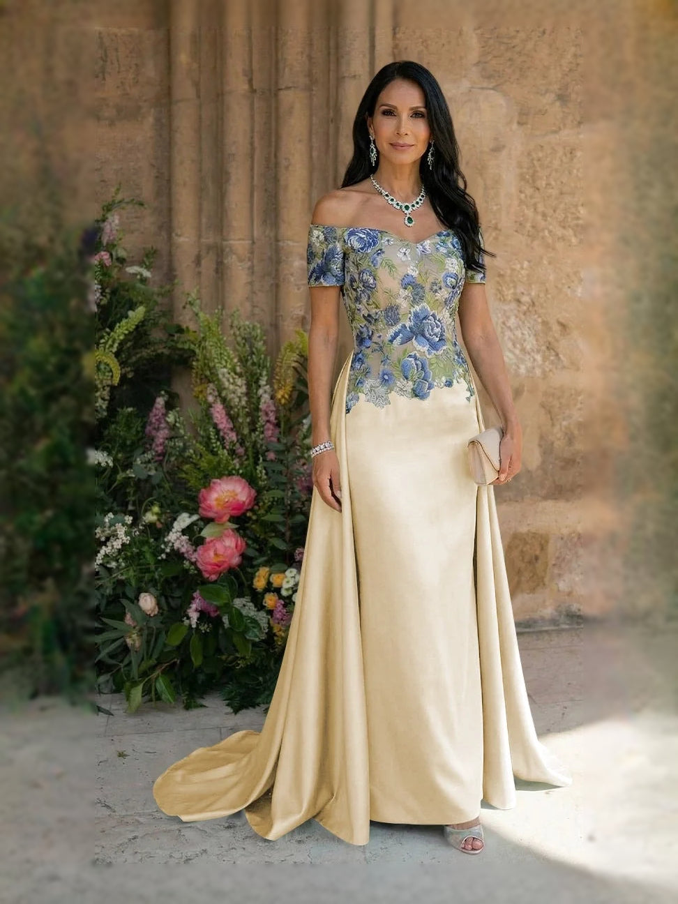 Ivory satin mother-of-the-bride sheath dress with blue embroidered floral bodice