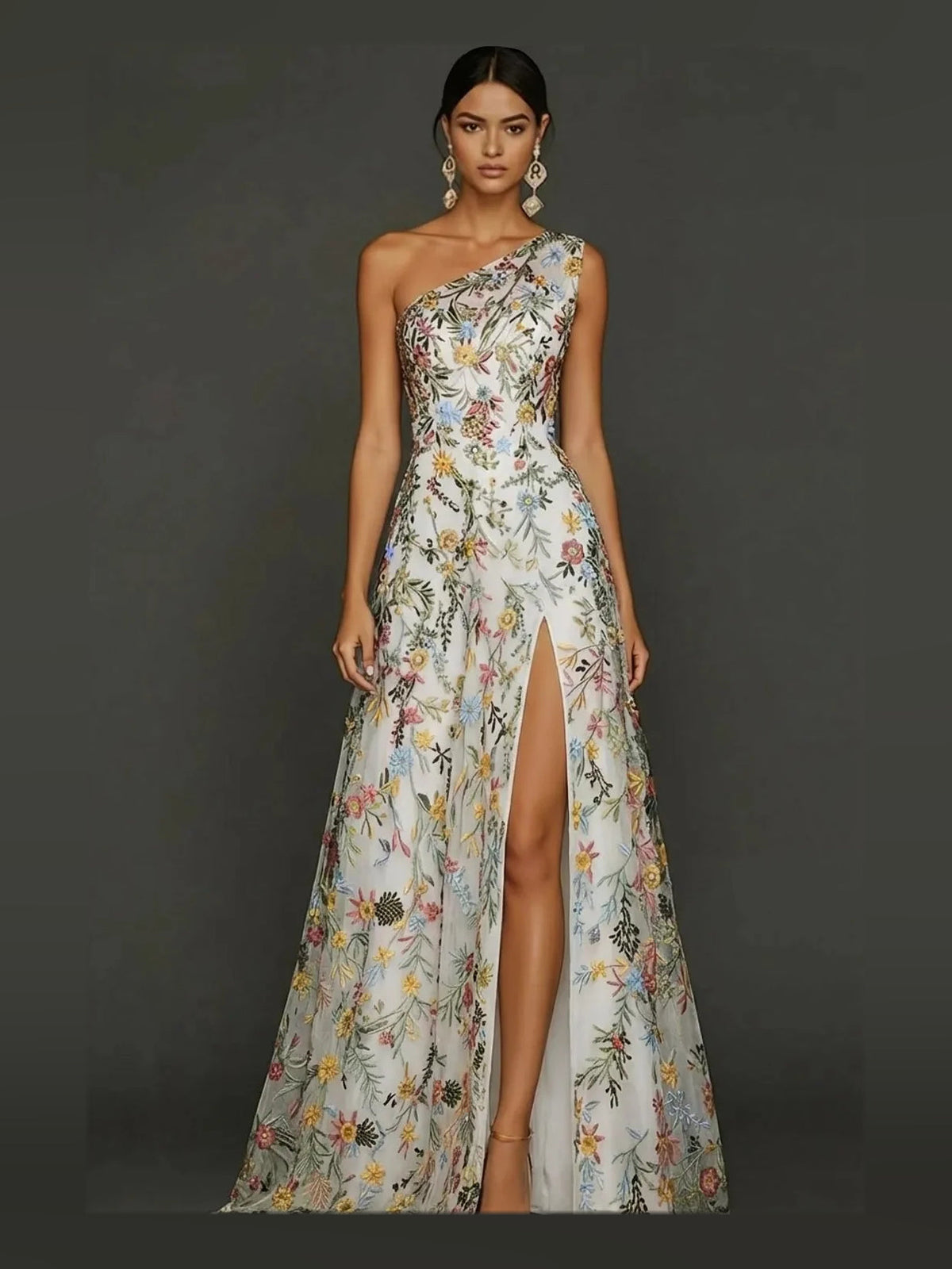 One-shoulder embroidered floral tulle prom dress with front slit, A-line, white with blue flowers