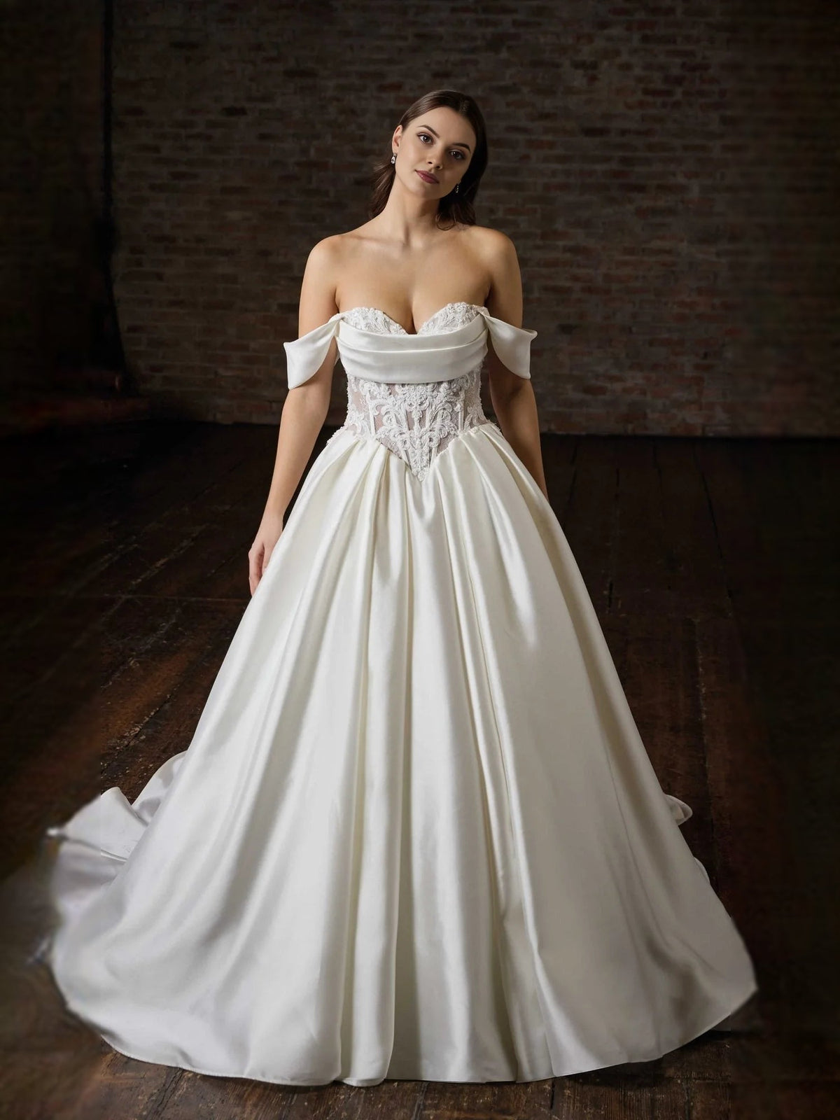 Ivory satin ball gown wedding dress with sweetheart bodice, off-shoulder sleeves, bow