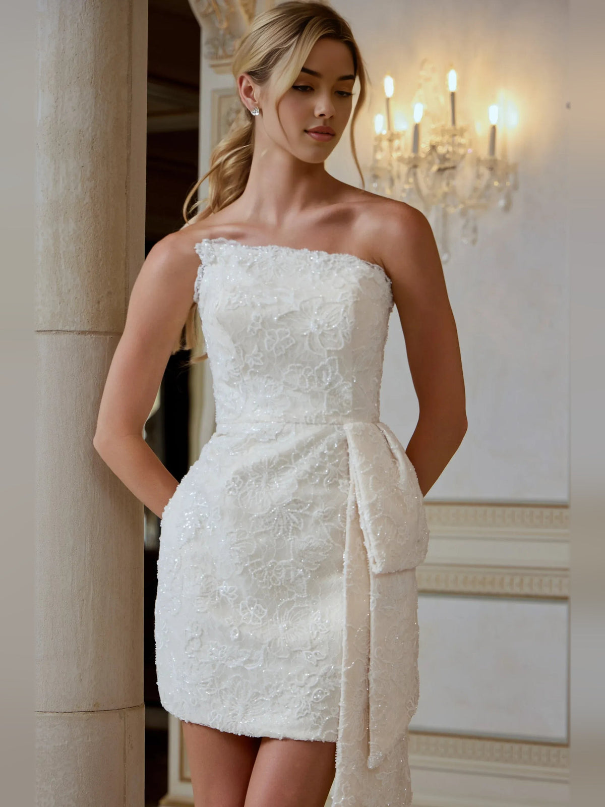 Ivory strapless floral lace mini sheath dress with ribbon bow at waist
