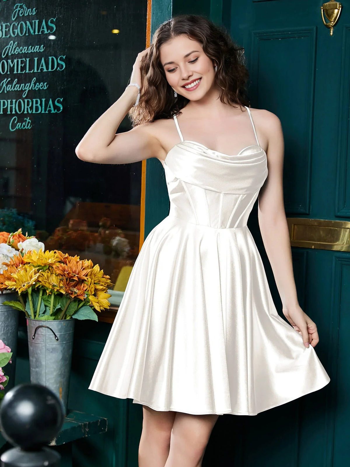 Ivory satin A-line mini homecoming dress with corset bodice, cowl neck, thin spaghetti straps