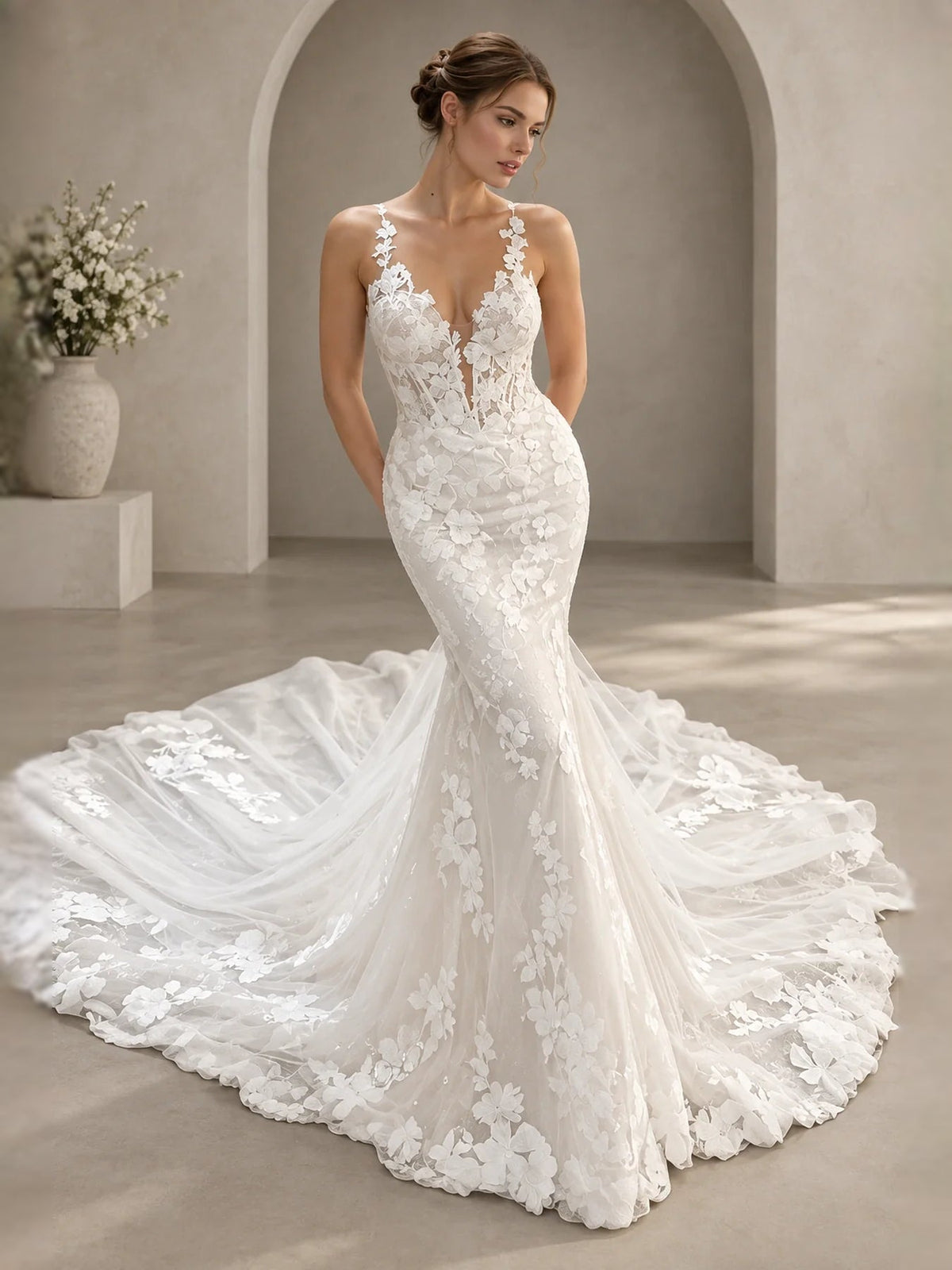 Ivory sleeveless V-neck wedding dress with floral lace bodice and layered A-line tulle skirt