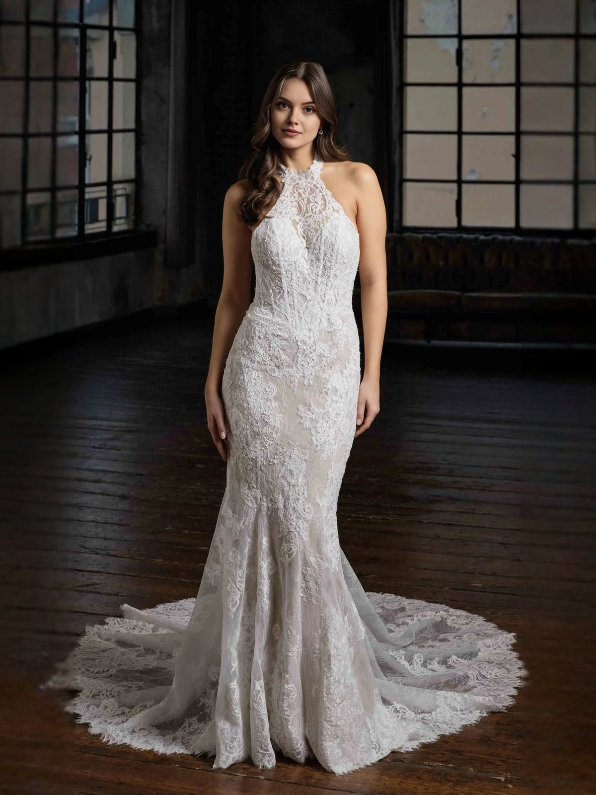 Ivory lace halter-neck mermaid wedding dress with long train and scalloped lace details