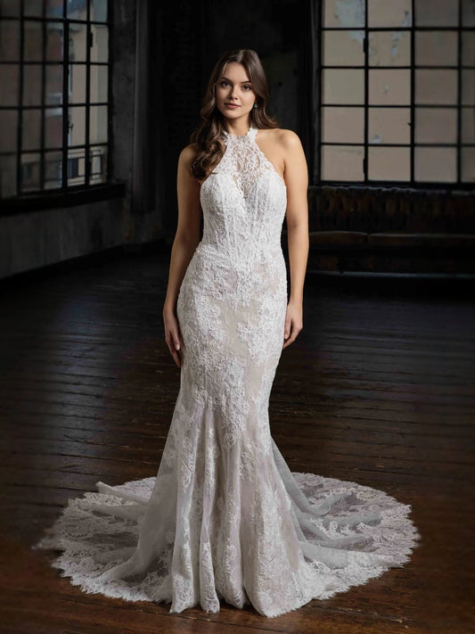 Ivory lace halter-neck mermaid wedding dress with long train and scalloped lace details
