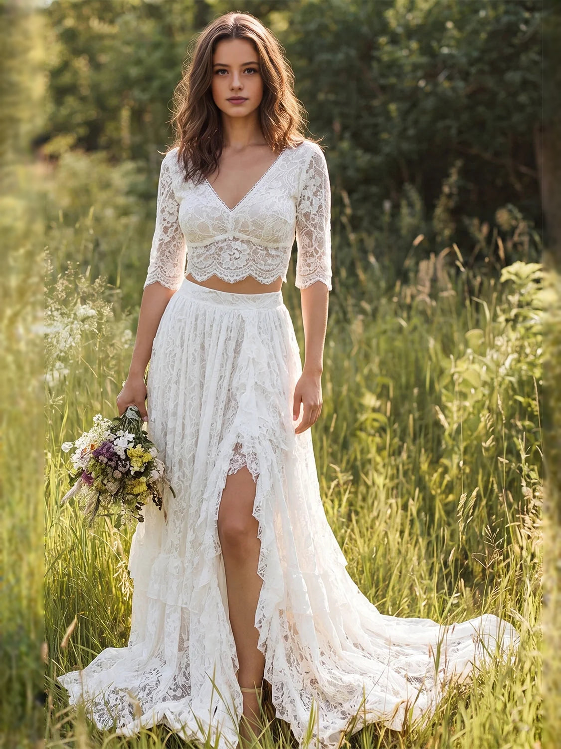 Ivory lace V-neck tiered maxi wedding dress with front slit and 3/4 sleeves