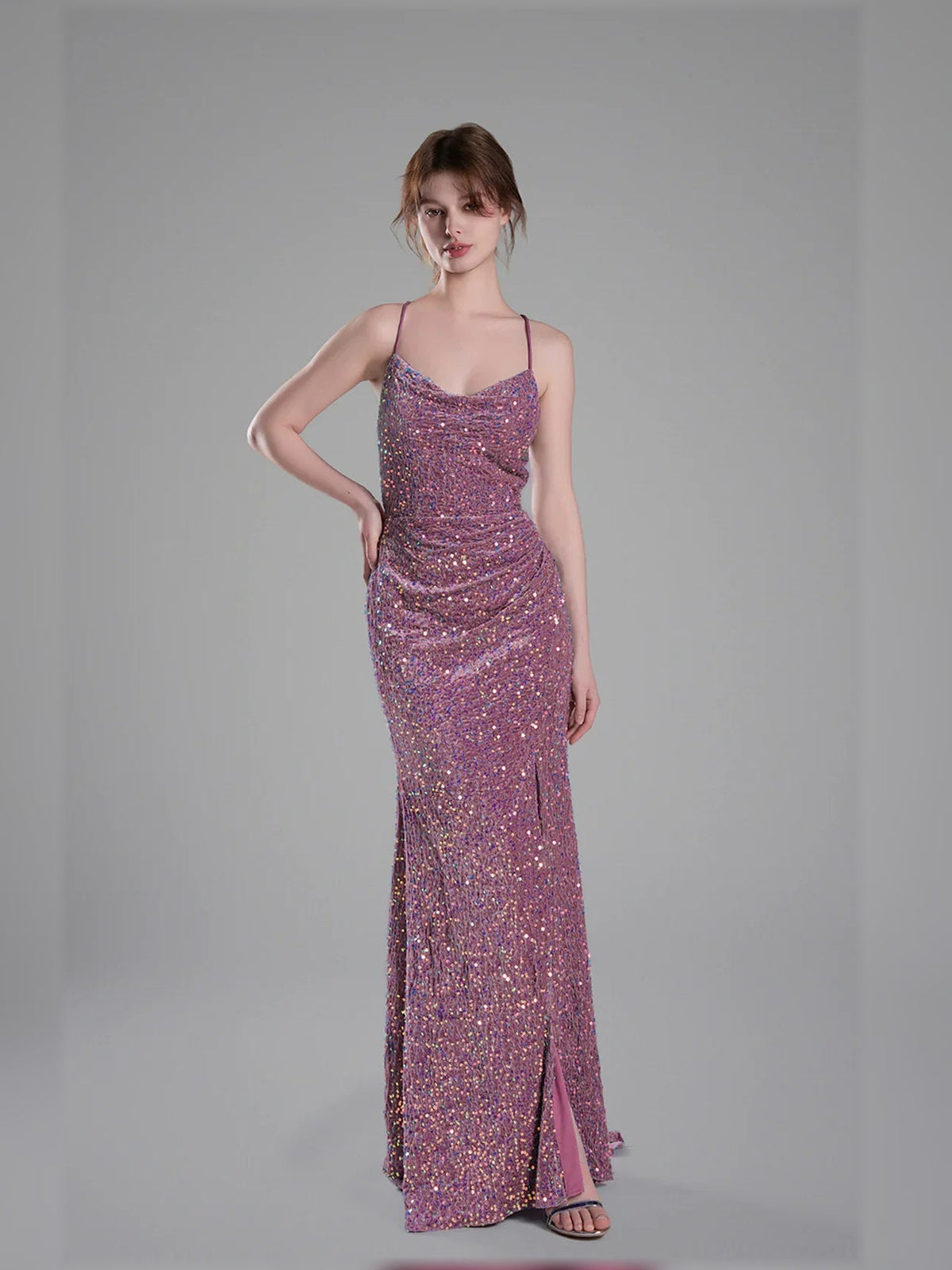 Dusty pink floor-length sequin formal dress with spaghetti straps and front slit