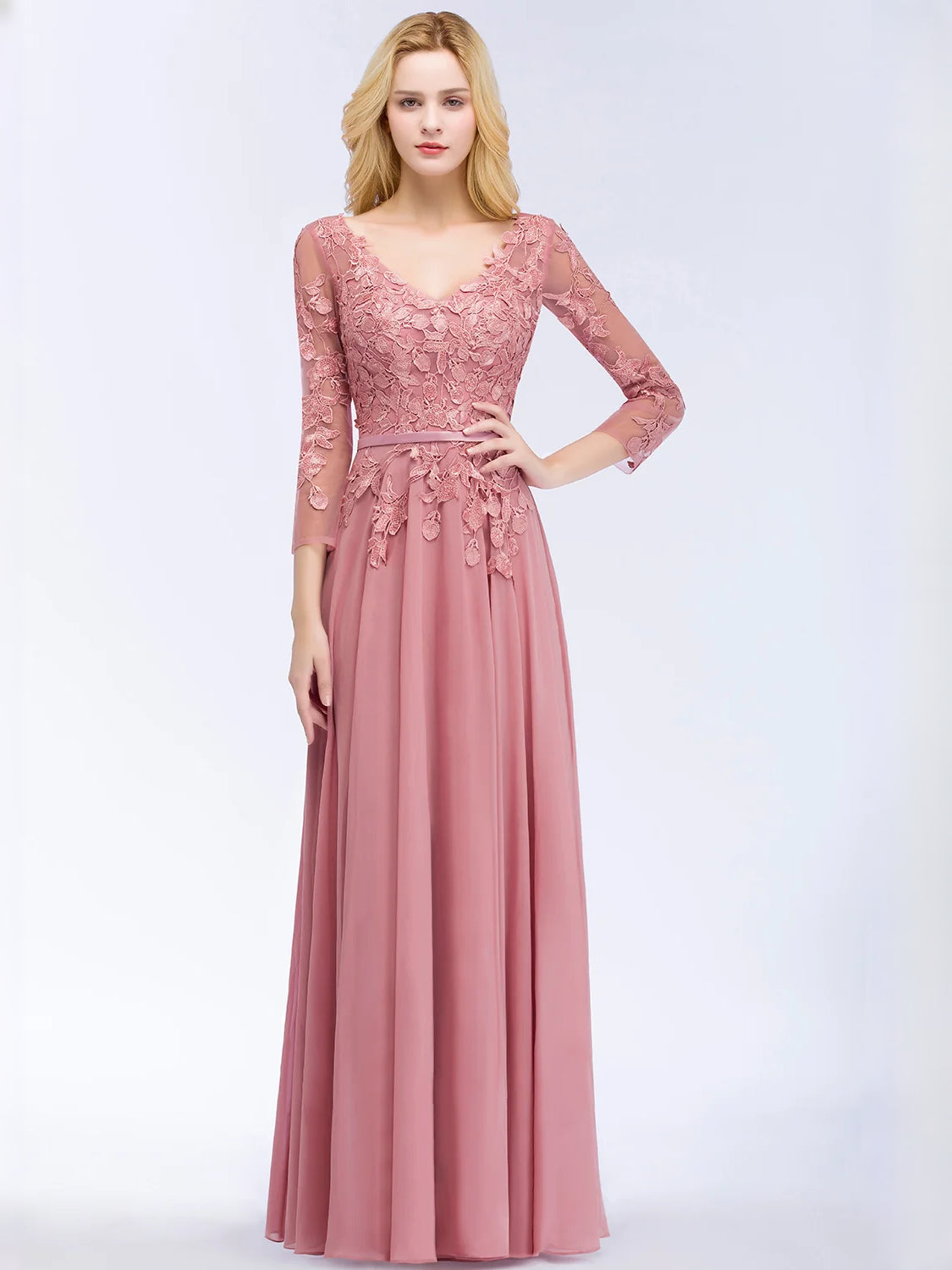 Dusty pink V-neck A-line prom dress with lace illusion bodice, long sheer sleeves, floor length