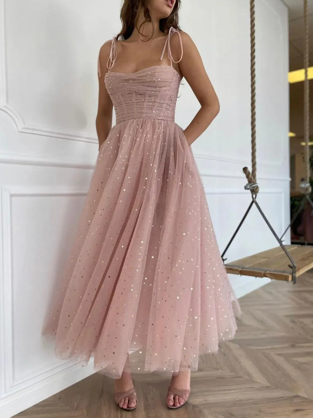 Dusty pink tulle A-line midi prom dress with sweetheart ruched bodice and thin tied straps