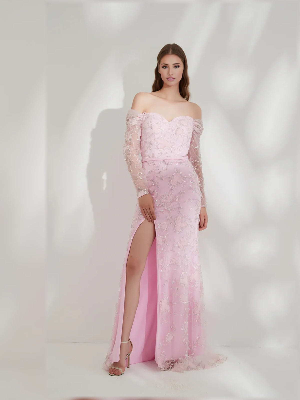 Blush pink floral off-shoulder long-sleeve formal dress, floor-length with front slit