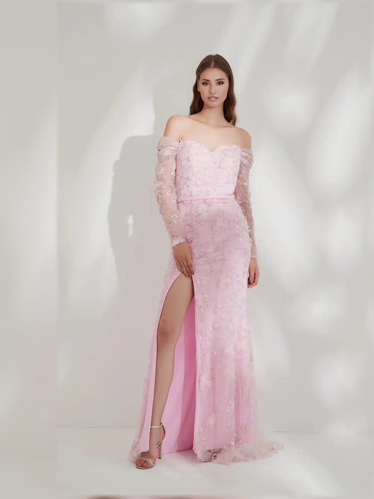 Blush pink floral off-shoulder long-sleeve formal dress, floor-length with front slit