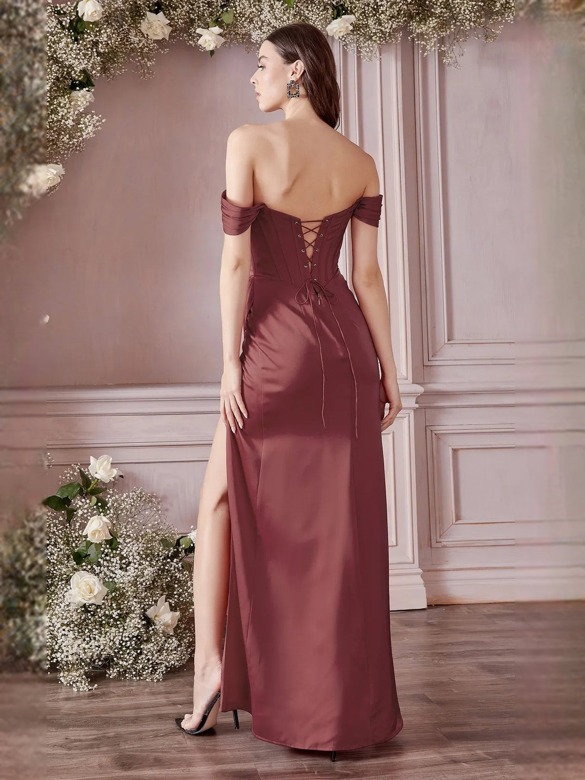 Burgundy off-shoulder corset pleated floor-length dress with open back and slit