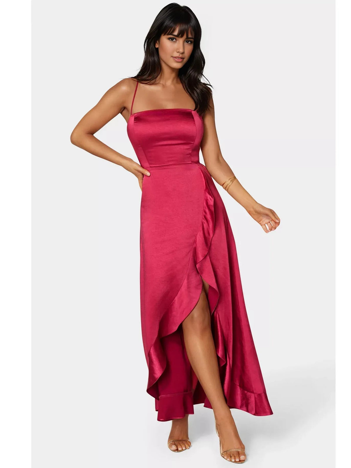 Raspberry satin formal dress with ruffled hem and layered drape front