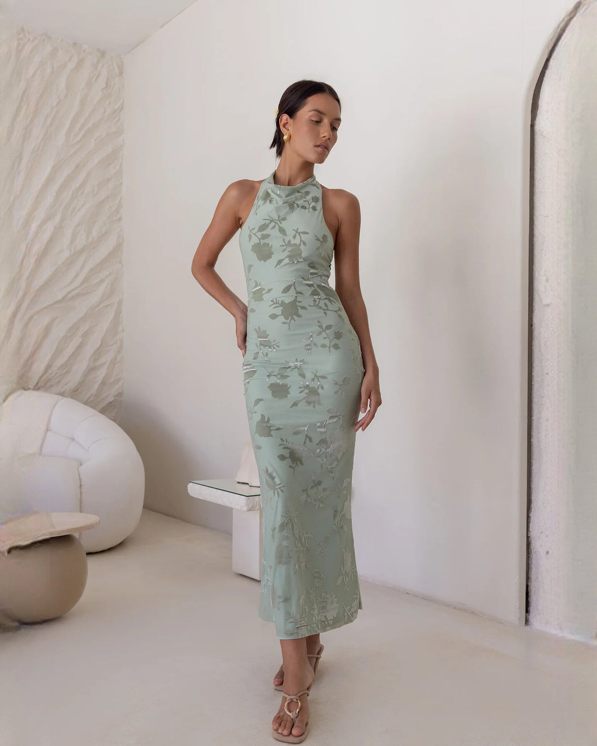 Dusty sage floral sleeveless halter A-line maxi dress with ankle-length skirt