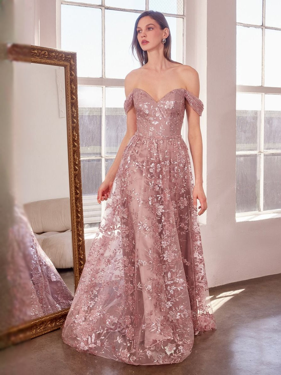 Mauve sequin off-shoulder ball gown with floral pattern, floor length