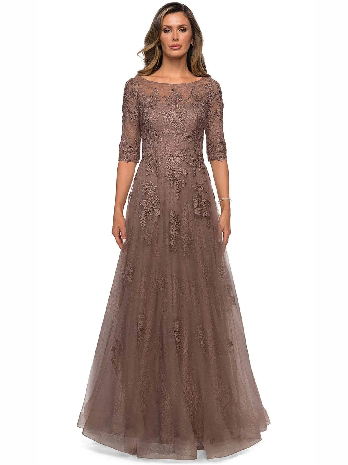Taupe embroidered floral A-line tulle mother of the bride dress with lace 3/4 sleeves