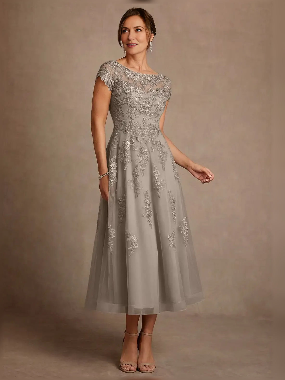 Embroidered illusion-neck A-line midi dress, cap sleeves, taupe, embroidered tulle skirt