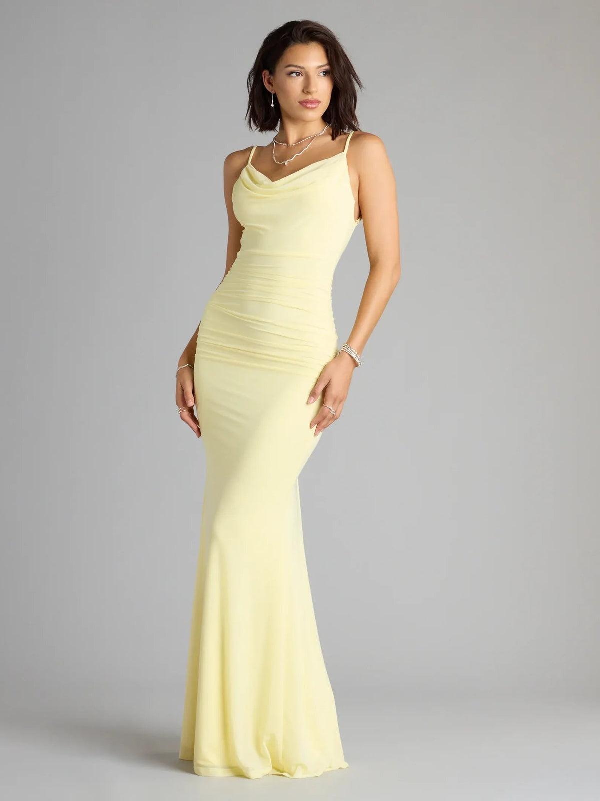 Yellow cowl-neck formal dress with ruched bodice, spaghetti straps, floor-length