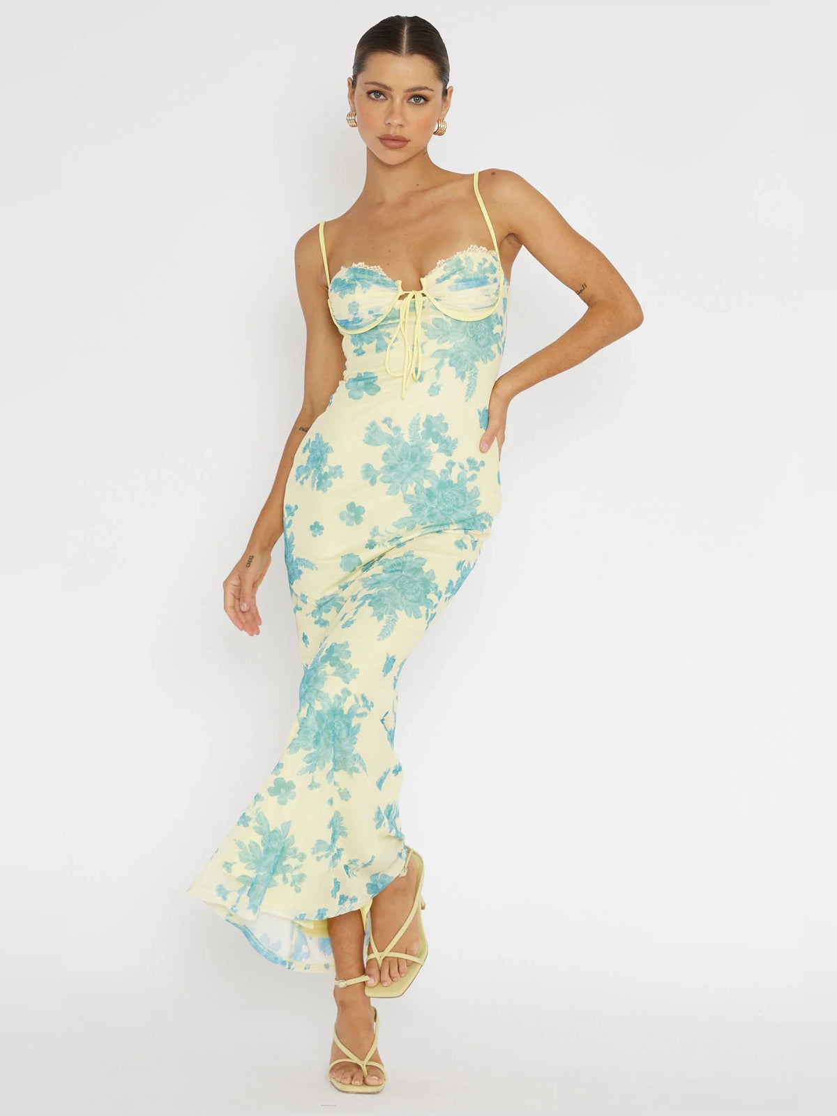 Yellow mesh midi dress with blue floral print and lace-trim bodice, fitted fishtail hem