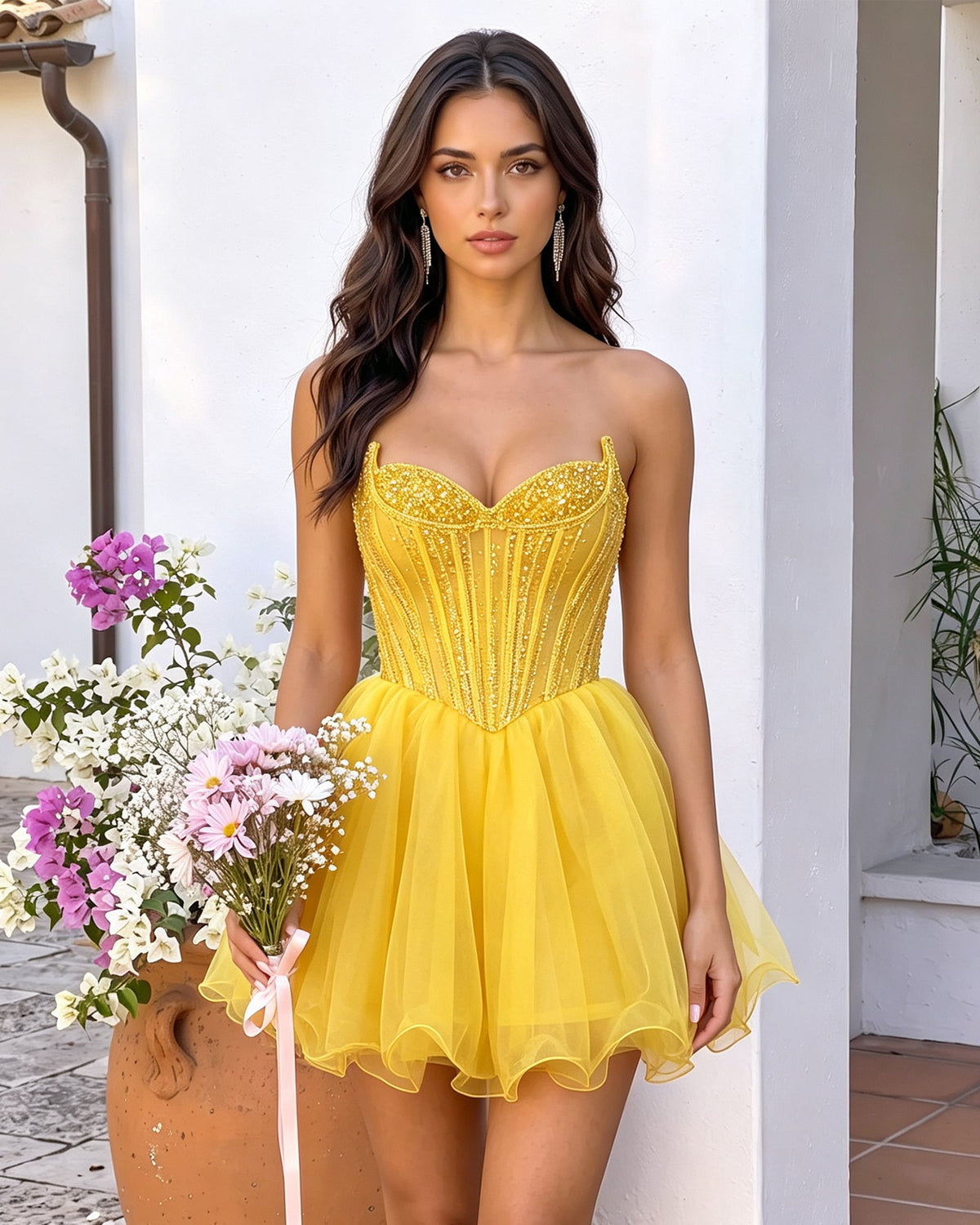 Yellow-gold strapless corset mini dress with beaded sweetheart bodice and tulle A-line skirt