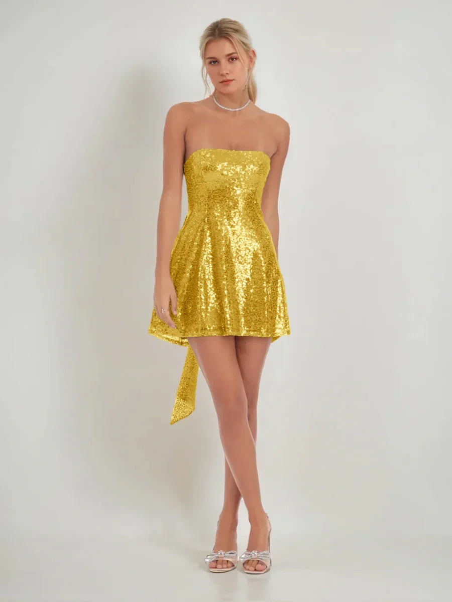 Bow sequin strapless A-line mini homecoming dress, gold shimmer with side bow