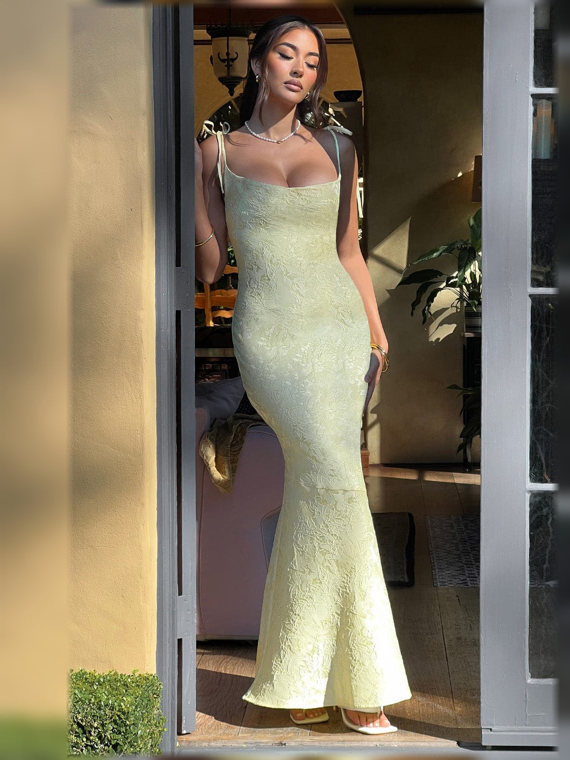 Light yellow floral lace formal dress, square neckline, sleeveless, fitted floor-length