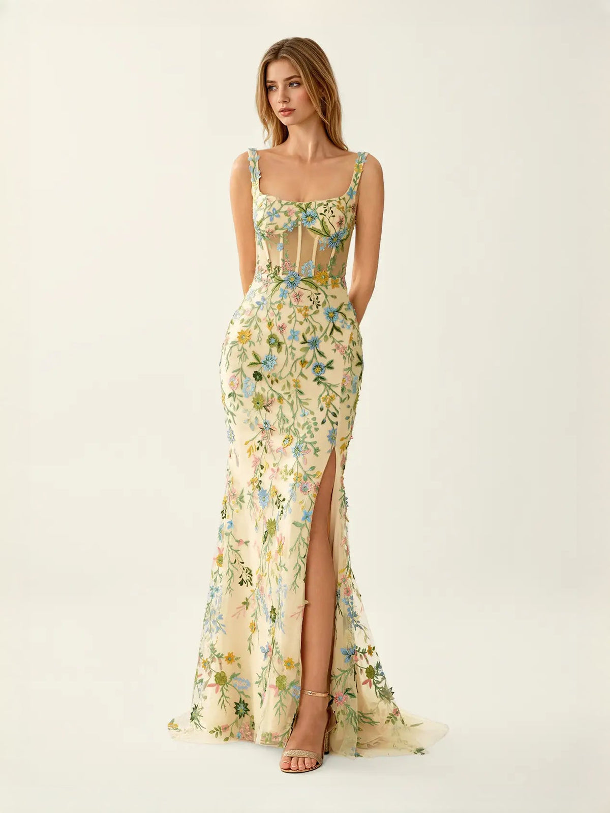 Pale lemon floral embroidered mermaid prom dress with square neckline and side slit