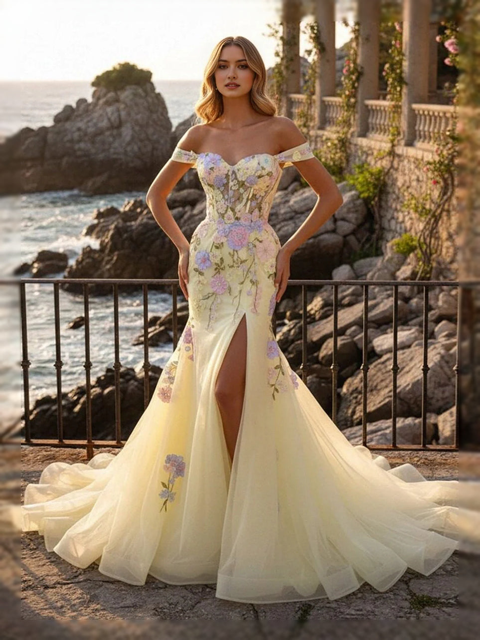 Pale lemon floral corset mermaid prom dress, sweetheart neckline, full tulle maxi skirt