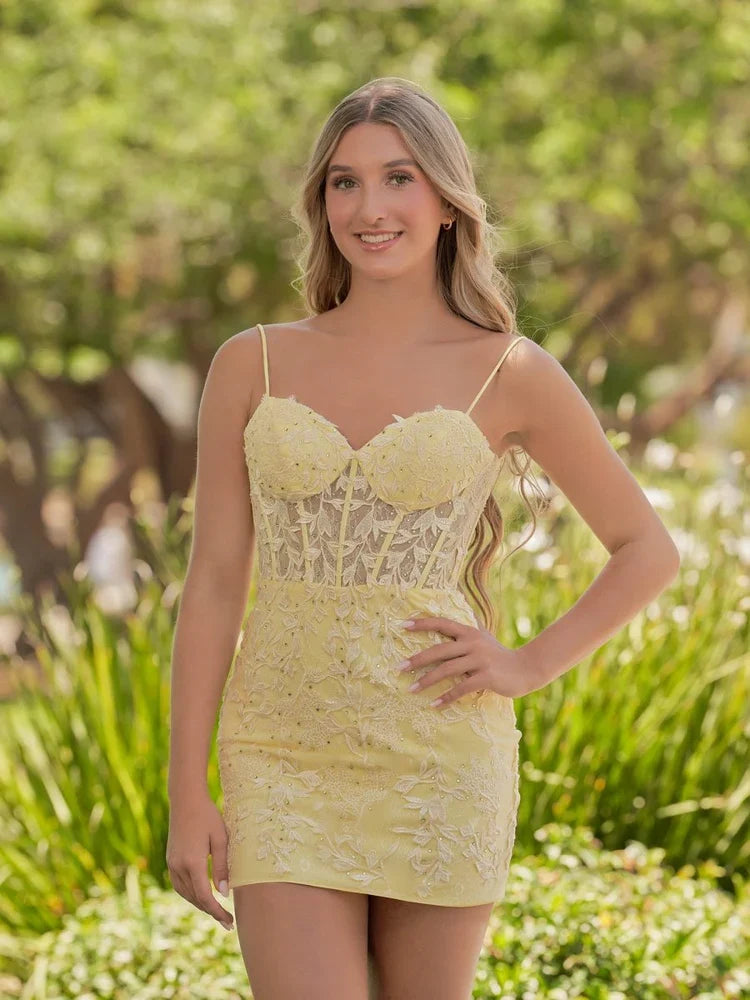 Pale yellow sweetheart corset mini dress with floral lace appliques and spaghetti straps