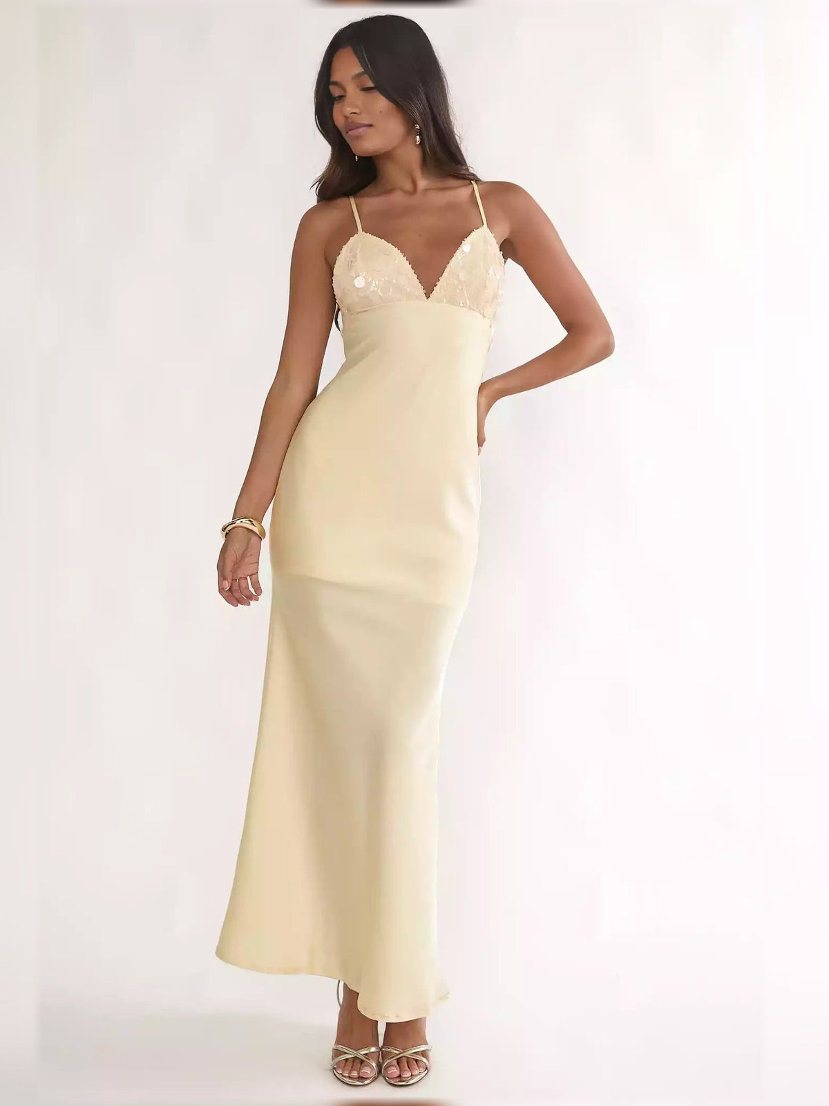 Pale lemon V-neck spaghetti strap formal dress with lace-sequin bodice, floor-length