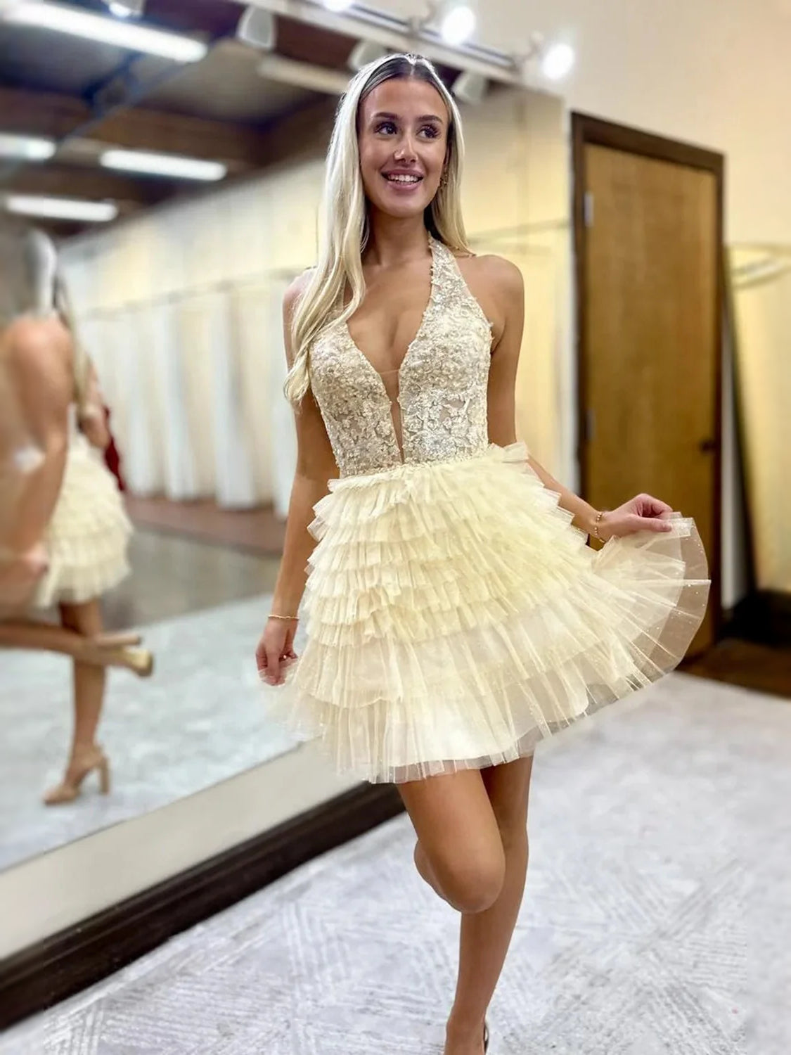 Gold sequin V-neck A-line mini prom dress with ruffled tiered tulle skirt