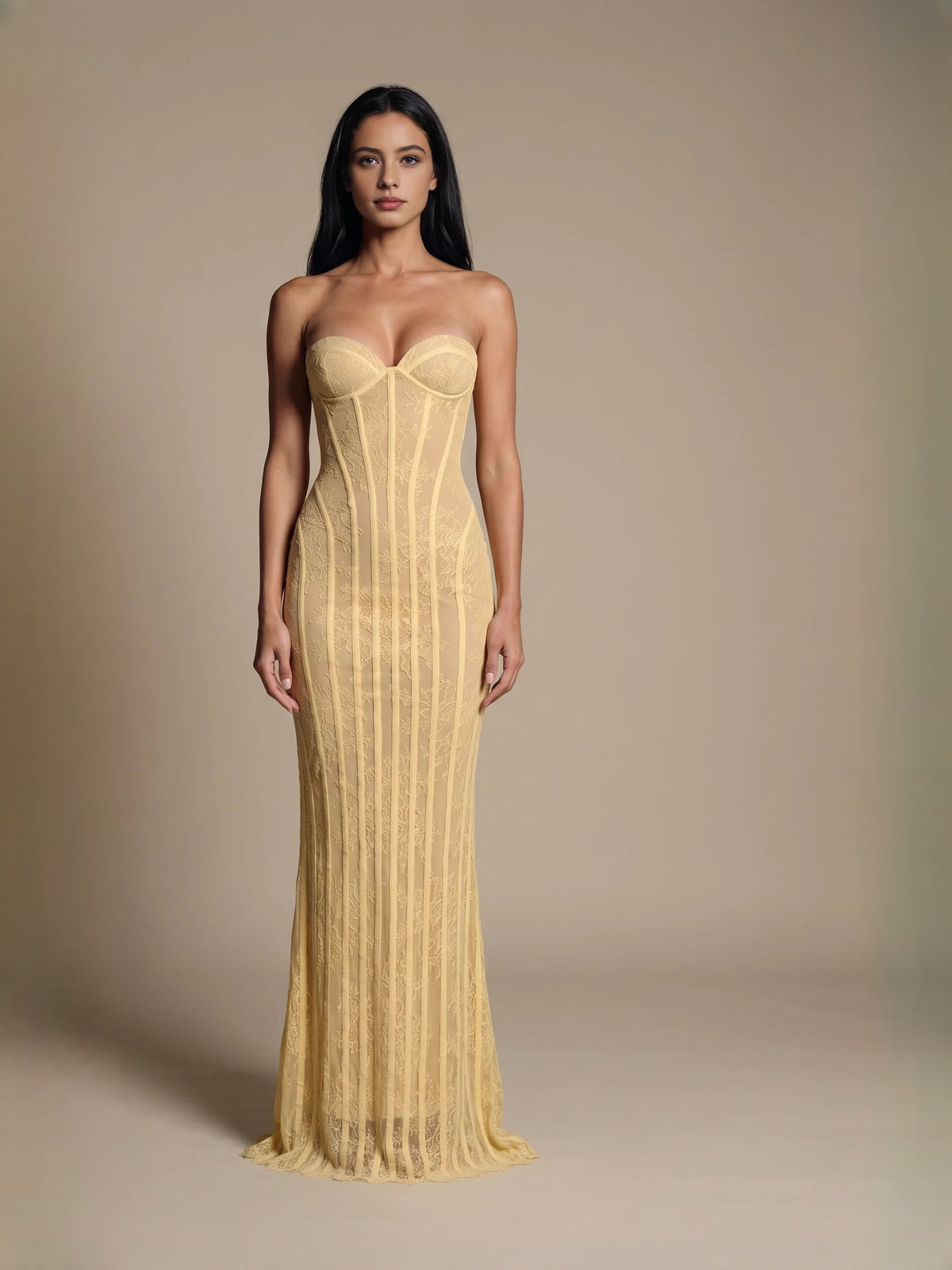 Gold strapless sweetheart mermaid prom dress with corset bodice and front slit
