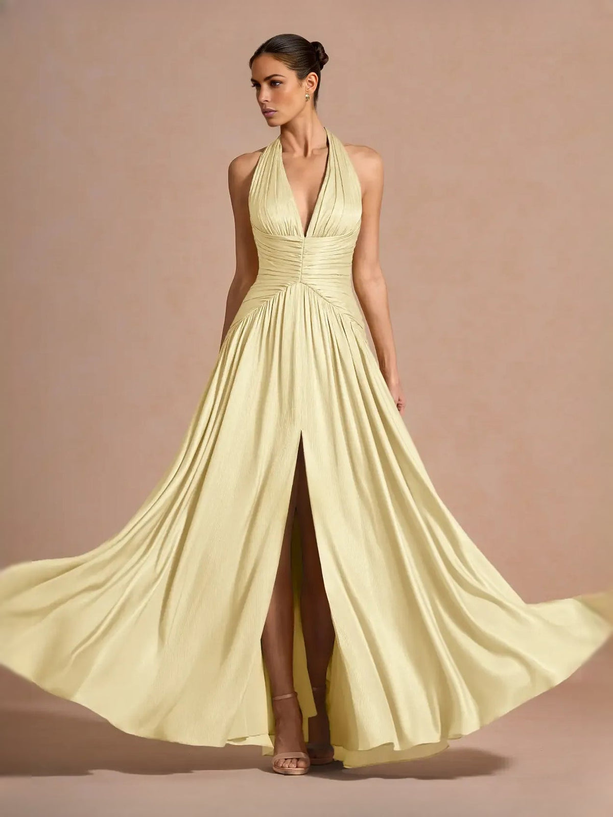 Pale lemon ruched corset V-neck maxi prom dress with thigh slit and flowing chiffon skirt