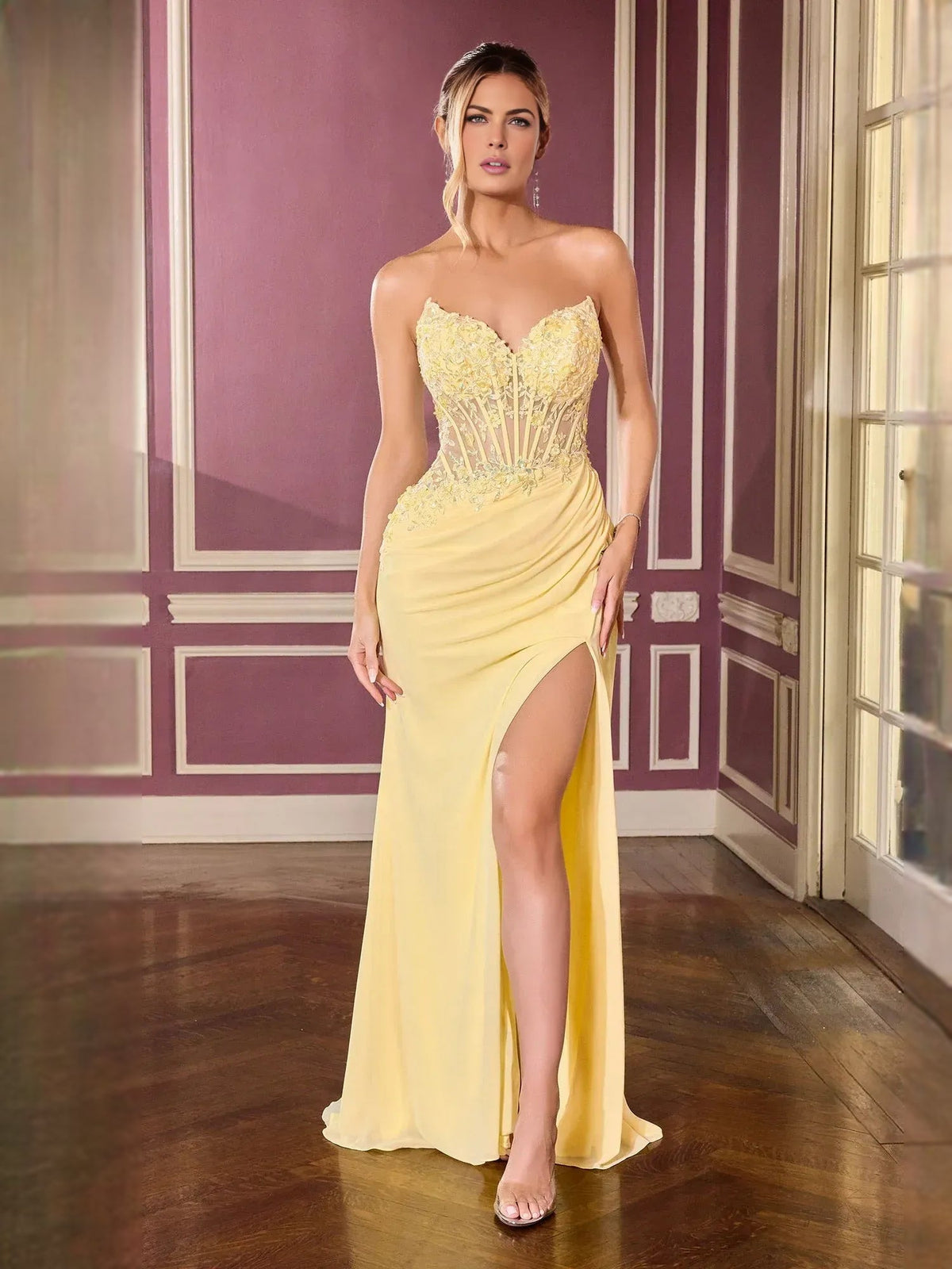 Pale lemon strapless chiffon mermaid dress with draped skirt and high slit